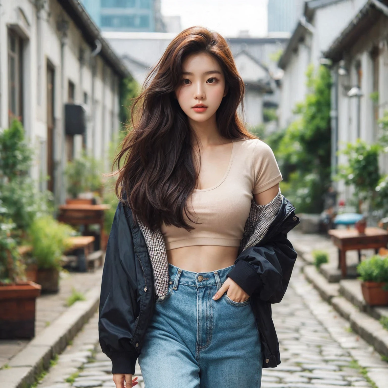 Beautiful young Korean female walking confidently down a cobblestone street in casual, stylish outfits with jackets, shirts, and jeans. The backdrop is a vintage urban setting with buildings and greenery, blending modern style with a cool urban vibe.