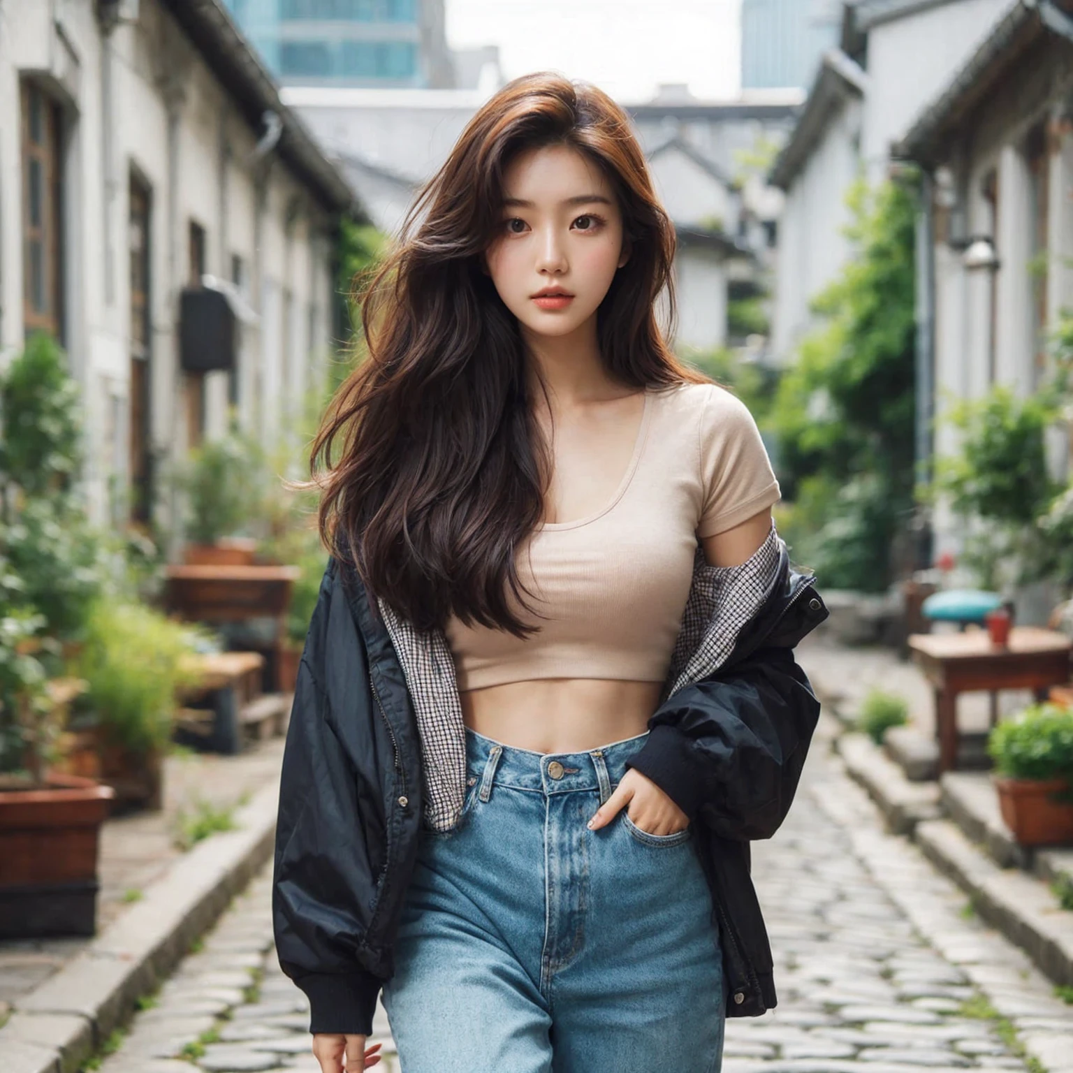 Beautiful young Korean female walking confidently down a cobblestone street in casual, stylish outfits with jackets, shirts, and jeans. The backdrop is a vintage urban setting with buildings and greenery, blending modern style with a cool urban vibe.