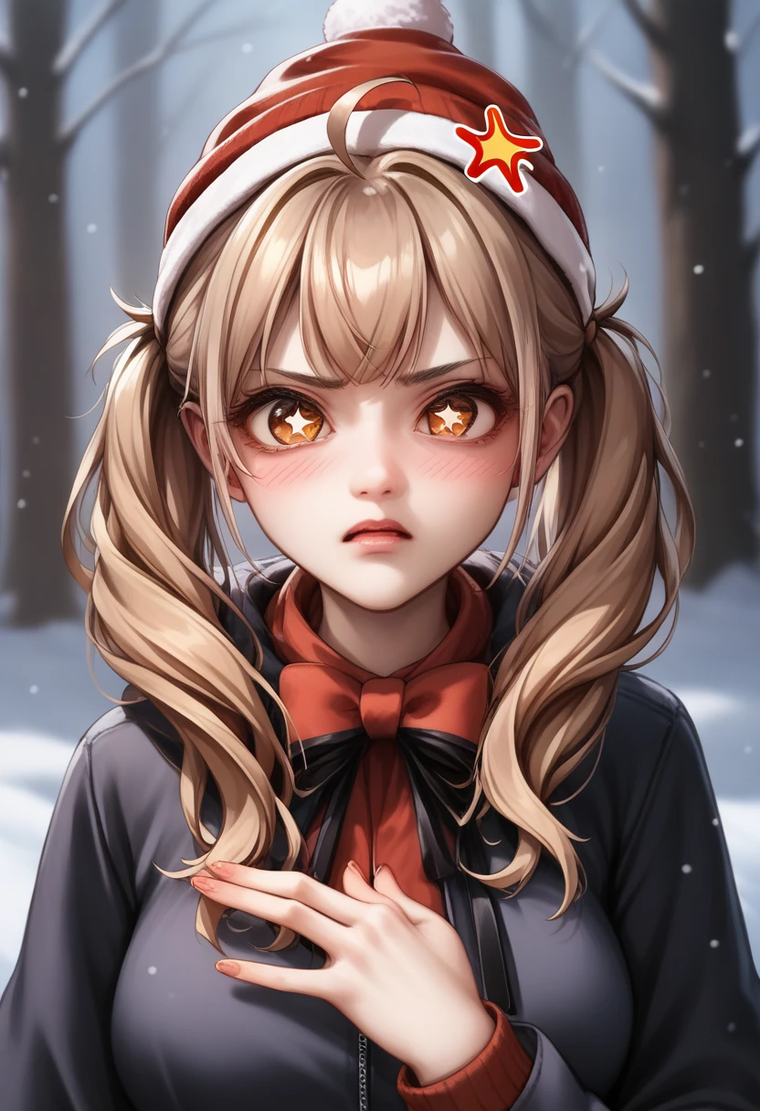 Starry eyes, it looks even more beautiful than immortal, Ahoge, hair, star-shaped pupils, amber eyes, colored contact lenses, blush, high detail, anime, romanticism, modern, gothic art, anime style, film lighting, ray tracing, motion rye, close-up, sony fe gm, uhd, high detail, top quality, 8k, big breasts, light brown hair, hat, twin tails, clean fingers, well-formed fingers, long jacket, ribbon, mystery, knitted hat, snow, anger, impatience