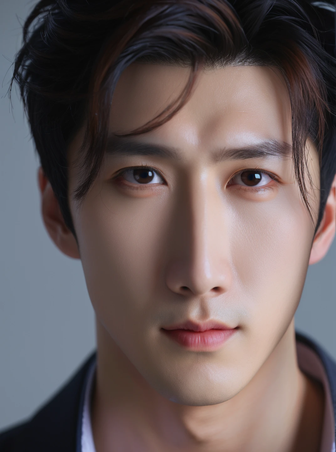 Best Quality, 8k, Masterpiece, (Portrait: 1.3), (photo realistic:1.4), (hyper realistic:1.4), Sharp Focus, looking at viewer, (smoother lighting:1.1), (increase cinematic lighting quality:0.9), realistic lighting, backlighting, light on face, ray trace, (brightening light:1.2), (Increase quality:1.4), sharp detail, (best quality real texture skin:1.4), finely detailed eyes, black_eyes, finely detailed face, 25 year old Korean man, (swearter_shirt:1.4), (Create an image maintaining the original base model hairstyle:1.5)