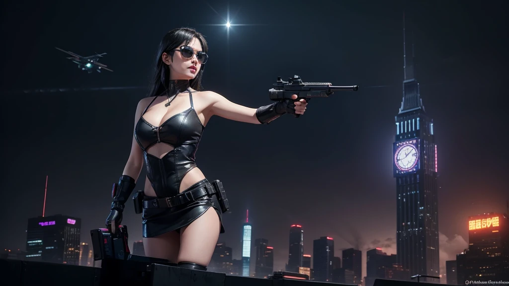 At night, aerial view of futuristic sci-fi cyberpunk city with plenty neon lights, skyscrapers, flying cars, vortex glowing hologram ((giant clock tower)) as time machine, high quality. (1girl, solo), photo realistic, large-breast:1.2 slim body, cleavage:1.3, tube top, short miniskirt, (black sunglasses), aiming at viewer with a (mini rifle):0.3, dynamic pose, half-body thigh level medium shot, cinematic lighting.