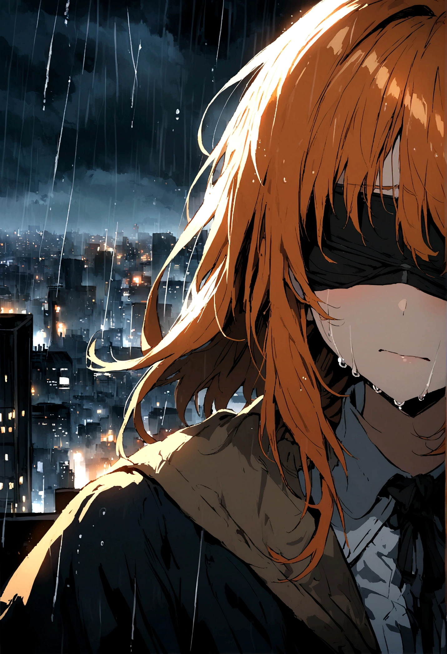 Anime girl, orange hair, blindfold, crying, rainy bg, cityscape