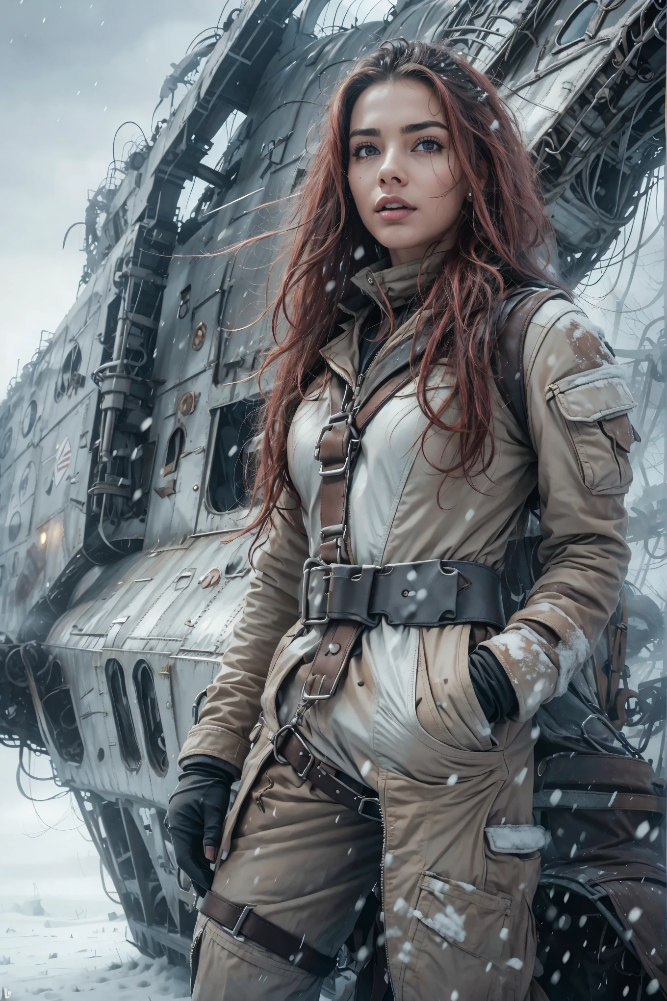 apocalyptic gorgeous hot woman. Age 23.standing in the snow next to a giant shuttle 