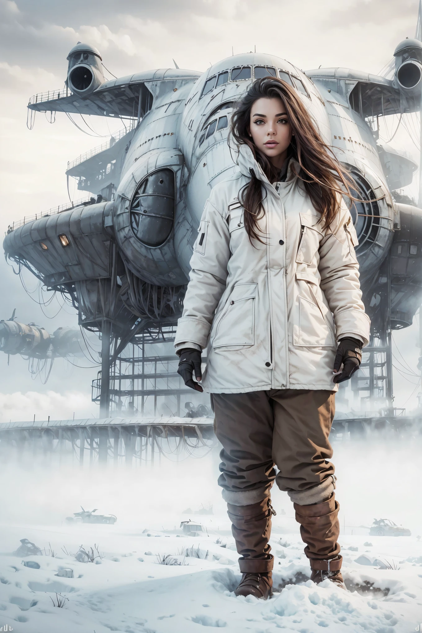 apocalyptic gorgeous hot woman. Age 23.standing in the snow next to a giant shuttle 