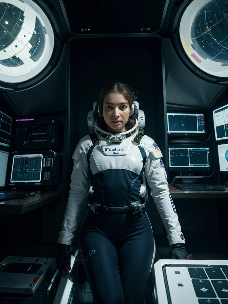 Superb quality, a female astrologer in sapcesuit, Extravehicular Mobility Unit, floats around inside a spacelab surrounded with monitors and computer equipment, 8K, ultra high definition, science fiction, zero gravity