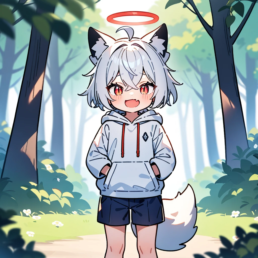 （masterpiece：1.2，high quality），8K，High resolution，A seven-year-old boy，cute boy，white hair，short hair，crossed bangs，red eyes，slit pupils， ahoge，cat ears，laughing，skin fang，red halo，Wearing a white hoodie，Dark blue shorts，Stand in the forest，There are flowering trees on both sides.，primary school student，thigh，alone，fox tail，（Put your hands in your pockets），（（Put your hands in your pockets））