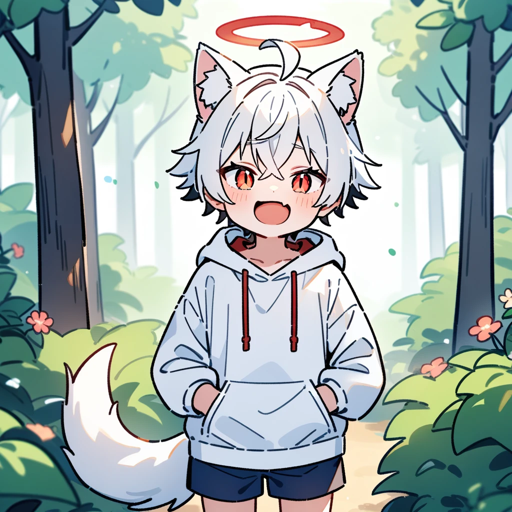 （masterpiece：1.2，high quality），8K，High resolution，A seven-year-old boy，cute boy，white hair，short hair，crossed bangs，red eyes，slit pupils， ahoge，cat ears，laughing，skin fang，red halo，Wearing a white hoodie，Dark blue shorts，Stand in the forest，There are flowering trees on both sides.，primary school student，thigh，alone，fox tail，（Put your hands in your pockets），（（Put your hands in your pockets））