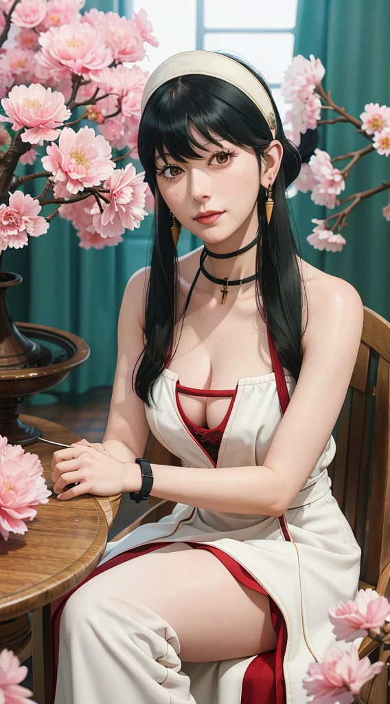 yor, Mature female, bangs, side locks, Red eyes, Black hair, hair adornments,sportrait, (face:1.2), schoolgirls, ssmile,bare shoulders, Black hair, cherry blossom, cleavage, (gown:1.21), clavicle, Willow Branch, (masterpiece best quality :1.2),