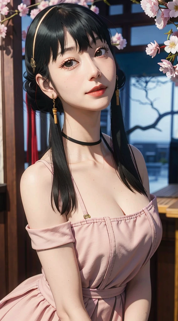 yor, Mature female,  bangs, side locks, Red eyes, Black hair, hair adornments，sportrait, (face:1.2), schoolgirls, ssmile,bare shoulders​, Black hair, cherry blossom, cleavage, (gown:1.21), clavicle, Willow Branch, (masterpiece best quality :1.2),