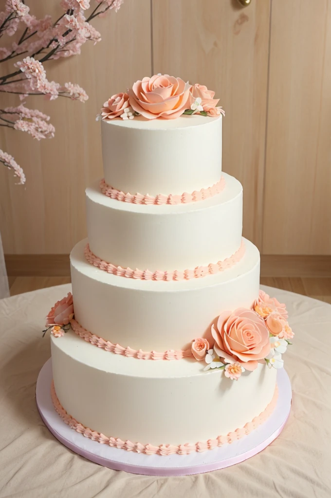 Make an three story 6 kg pure white cake with decoration of horizontal peach colour flower 