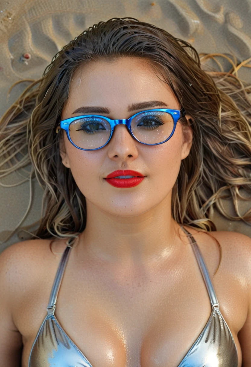 Beautifu girl wearing specs in tight wet metallic bikini and sitting at beach,looking at viewer and posing for fornt view, hot red lips, belly fat, lying and posing for top view