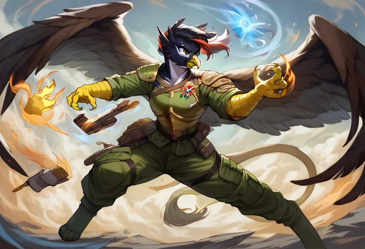 score_9_up, ((adult)), (gryphon:1.2), (solo, female, dragon scales, black scales), with Center parted shoulder length hairstyle, (wearing military clothes, armor, pants), (cast magic, magic), action pose, show legs, scene background