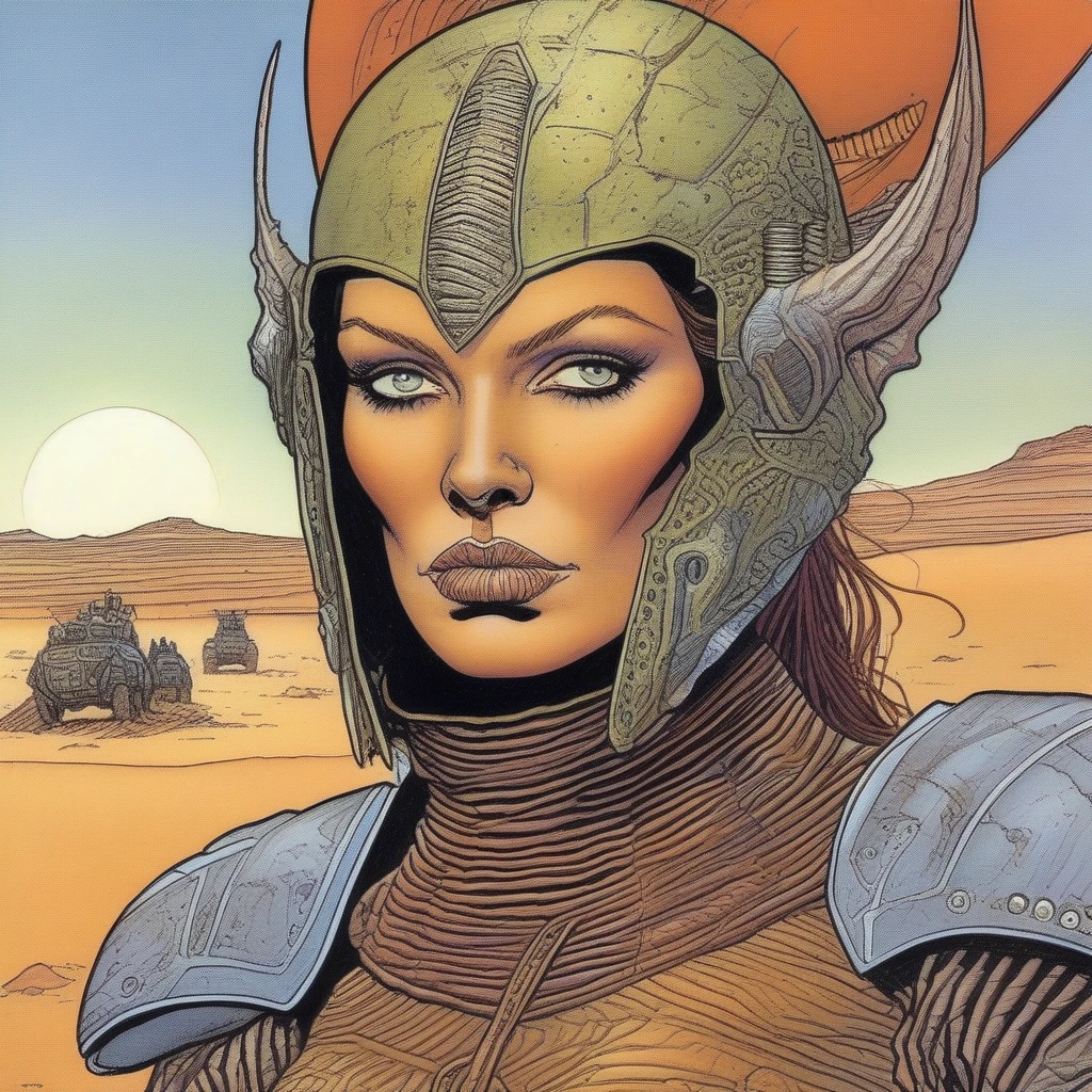 BA Style, best quality, Sci-fi illustration of a female demon, Pretty Face,Wearing post-apocalyptic armor, desert, Very detailed, Sexy, Dune Artwork, author：mœbius