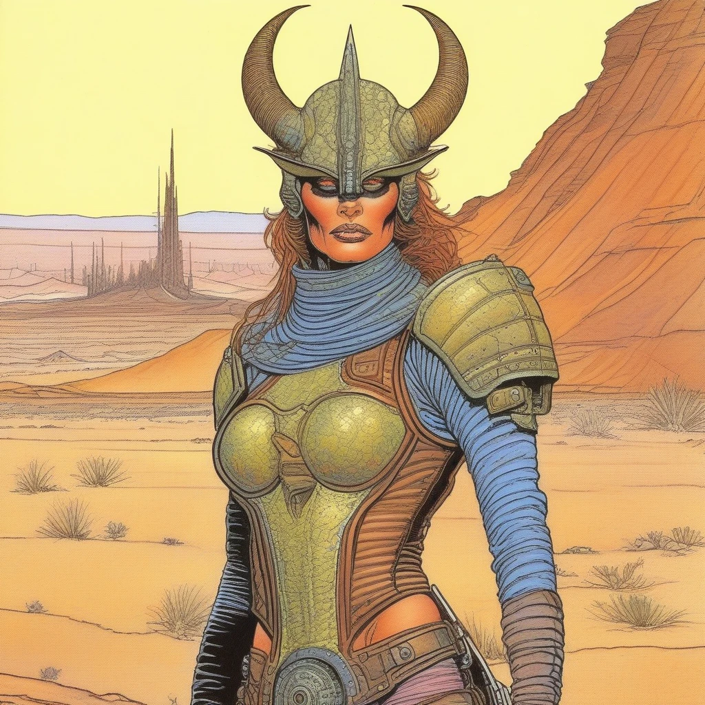 BA Style, best quality, Sci-fi illustration of a female demon, Pretty Face,Wearing post-apocalyptic armor, desert, Very detailed, Sexy, Dune Artwork, author:mœbius