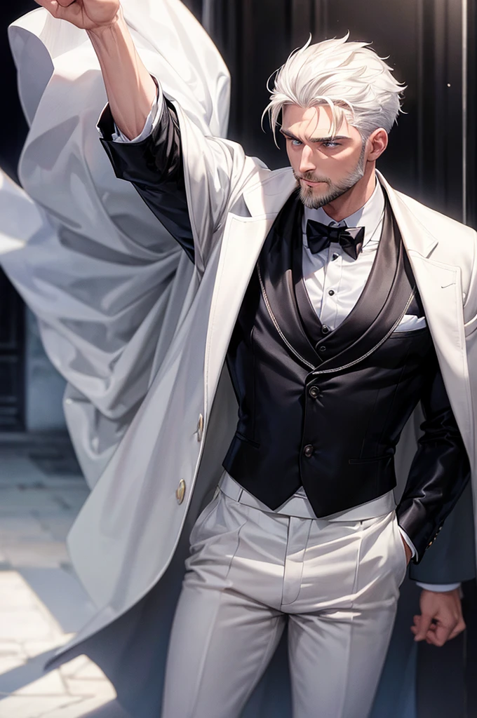 (best quality, masterpiece), male, old, white hair, short hair, short beard, muscular, white suit, black tie, white cape
