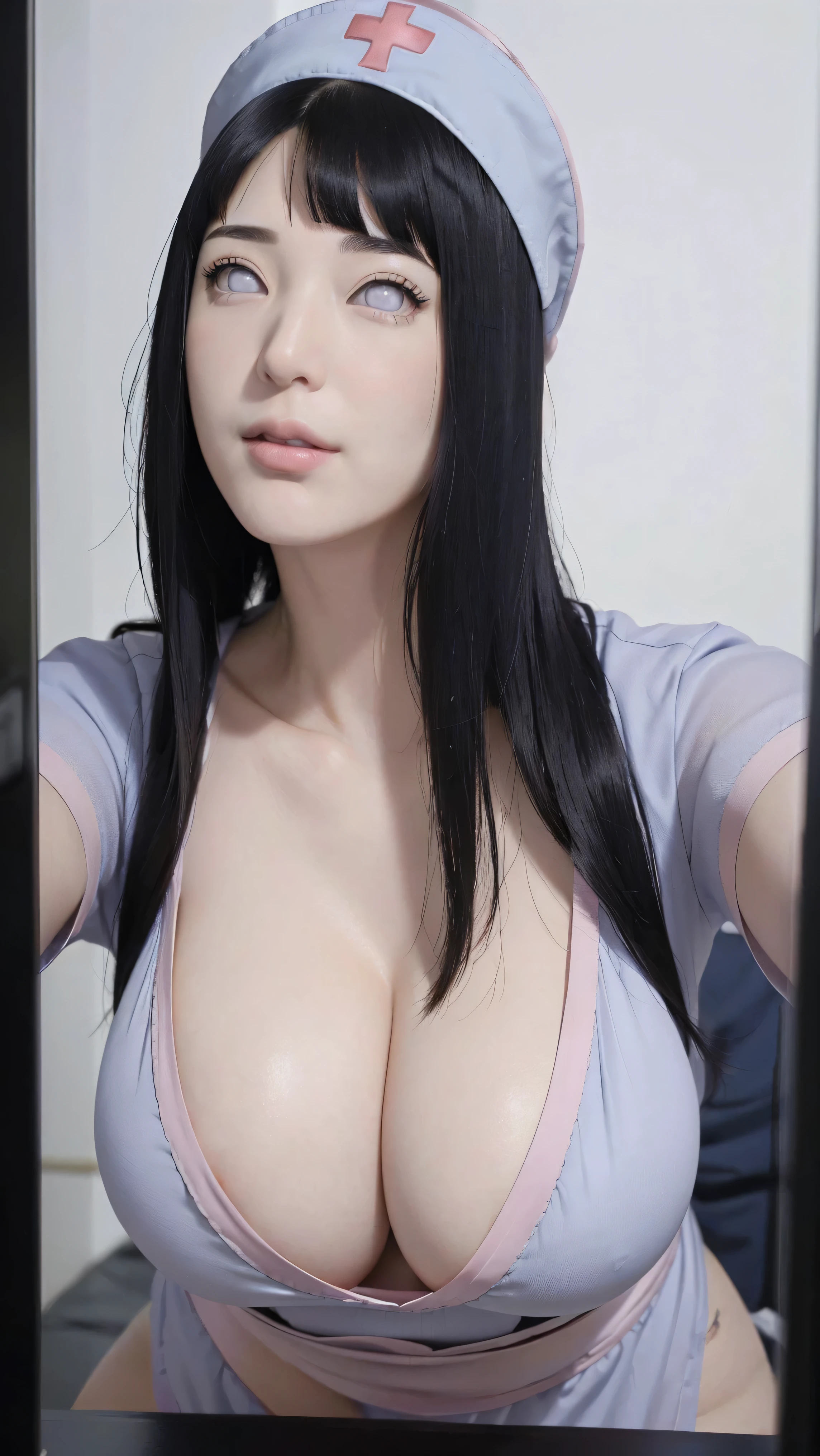 masterpiece, hinata\(boruto\), 1girl, mature women, (((nurse costume))), (((Close-up photo))), (((Selfie))), (((Closed Clothing))), (((cleavage))), (((nurse hat))), (((big breasts))), (((big round breasts))), (((round breasts))), (((extremely heavy breasts))), (((Colossal tits))), (((heavy breasts))), (((plump breasts))), (((super round breasts))), (((very round breasts))), (((perfect breasts))), (shy face), detailed lips, beautiful face, blush, (pink lips), (((long hair))), white eyes, gentle gaze, smile, super realistic, detailed, realistic face and body, realistic hair, realistic eyes, realistic nose, realistic lips, seductive pose, (((straight bangs))), (dark blue hair), 28 year old girl