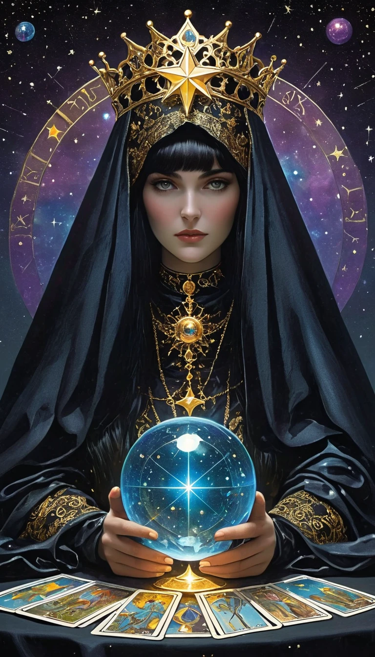 A Ornate Tarot Card, a robed astrologer sat quietly at a table full of symbols and holding a crystal star-chart-ball, with a text at the bottom of the card, close on face, tarot card, extremely high quality for texture, front and two sides, it's full of mystical magic, the front and two sides are on the card, the overall color is dark black and shiny gold, reflecting and shiny gold, ultra detailed face, ultra detailed clothes texture, ultra details,