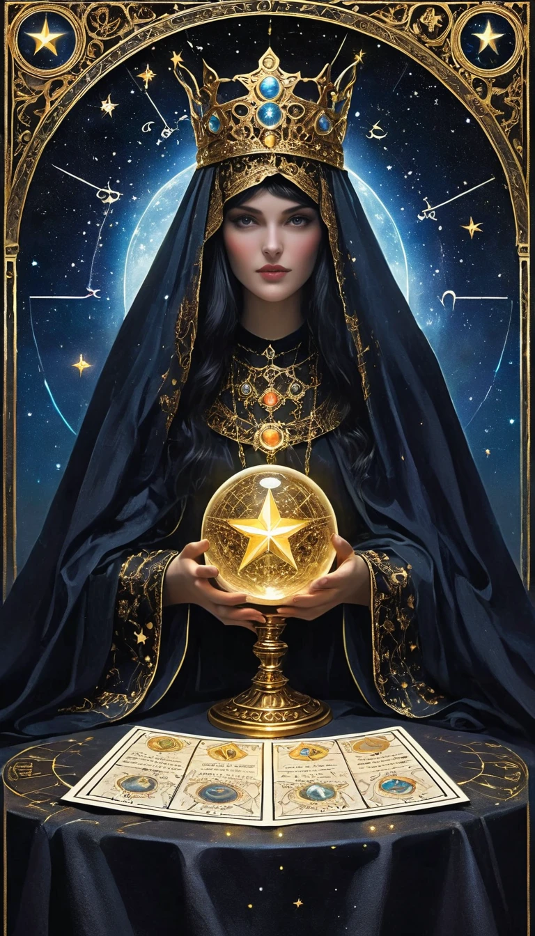 A Ornate Tarot Card, a robed astrologer sat quietly at a table full of symbols and holding a crystal star-chart-ball, with a text at the bottom of the card, close on face, tarot card, extremely high quality for texture, front and two sides, it's full of mystical magic, the front and two sides are on the card, the overall color is dark black and shiny gold, reflecting and shiny gold, ultra detailed face, ultra detailed clothes texture, ultra details,