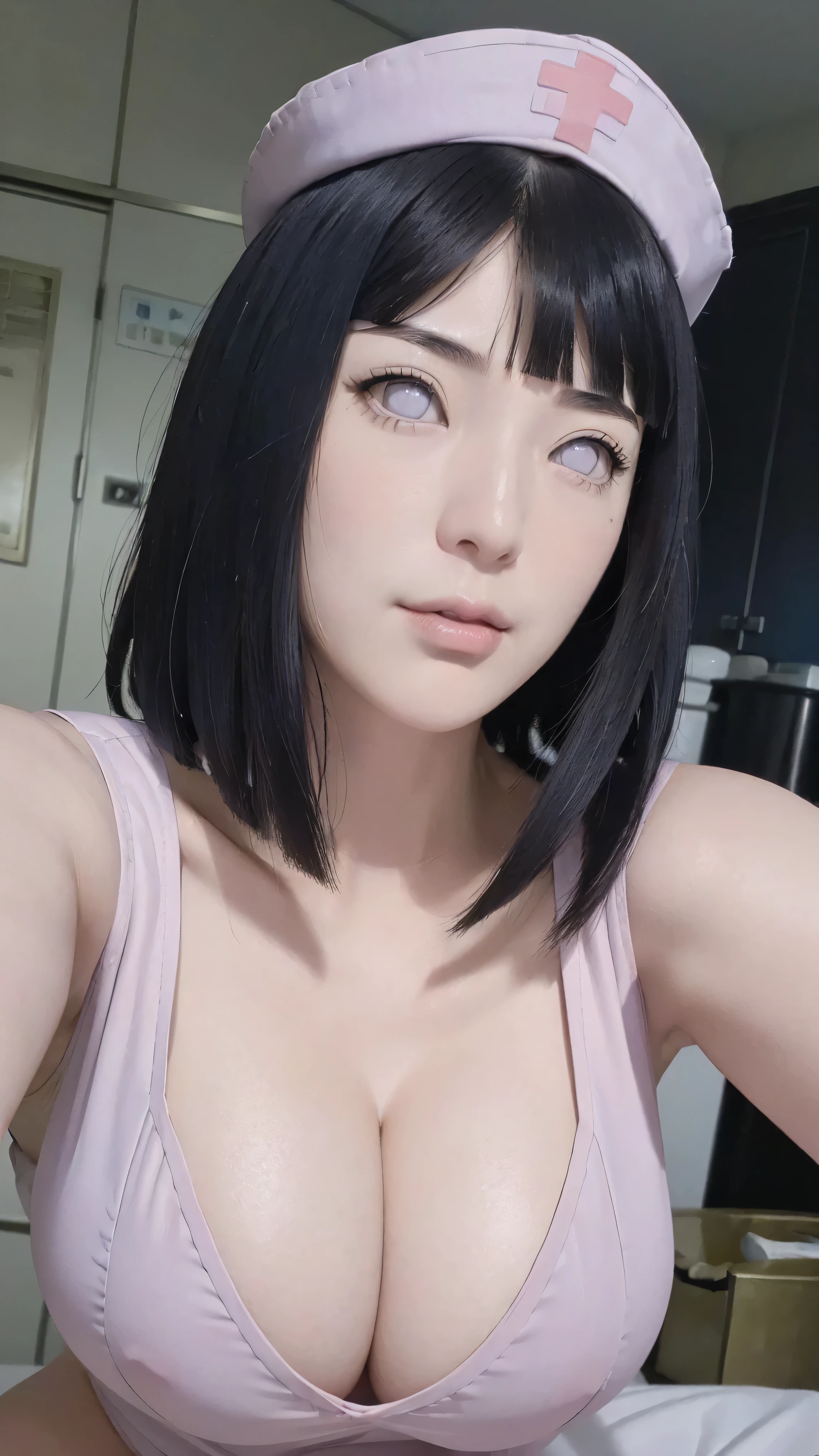 masterpiece, hinata\(boruto\), 1girl, mature women, (((nurse costume))), (((Close-up photo))), (((Selfie))), (((Closed Clothing))), (((cleavage))), (((nurse hat))), (((big breasts))), (((big round breasts))), (((round breasts))), (((extremely heavy breasts))), (((Colossal tits))), (((heavy breasts))), (((plump breasts))), (((super round breasts))), (((very round breasts))), (((perfect breasts))), (shy face), detailed lips, beautiful face, blush, (pink lips), (((long hair))), white eyes, gentle gaze, smile, super realistic, detailed, realistic face and body, realistic hair, realistic eyes, realistic nose, realistic lips, seductive pose, (((straight bangs))), (dark blue hair), 28 year old girl