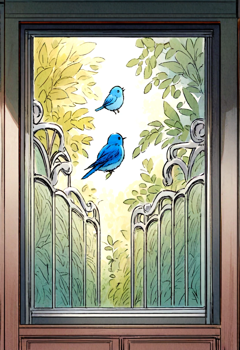 Mori no Cafe　Window　blue bird 　Picture books　Pastel drawing