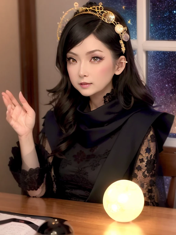 1 Girl, solo, (astrologer), (Circlet),Black Costume,magic,
mysterious, Fantasy, grace, Calm, Silence, intellectual, ancient, Beyond time and space, dream, aura,
Dark eyeshadow, Star shaped glitter, Sparkling Highlights, Rich Lip Color, Smokey Eye, mysteriousなアイライナー,
Crystal ball on table, The night view outside the window,
astrologerがクリスタルボールに手をかざして未来を覗いている,
Light in the ball, Fantasyな霧, A star chart emerges