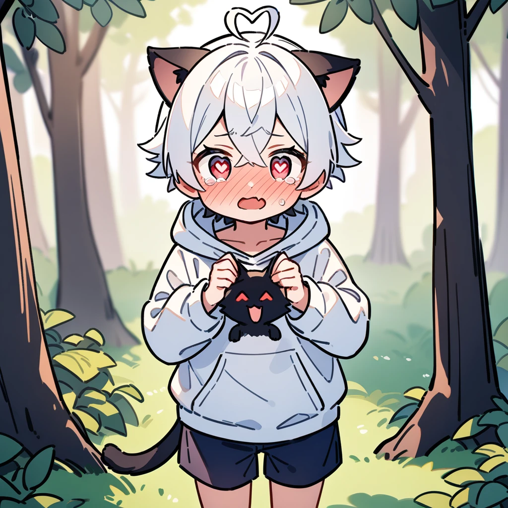 （masterpiece：1.2，high quality），8K，High resolution，A -year-boy，c boy，white hair，short hair，crossed bangs，red eyes，（（heart-shaped pupils）），heart-shaped eyes，heart ahoge，（black ears），black cat ears，full-face blush，tears，skin fang，Halation，Wearing a white hoodie，Dark blue shorts，Stand in the forest，There are flowering trees on both sides.，primary scho，cat tail，（Put your hands in your pockets）