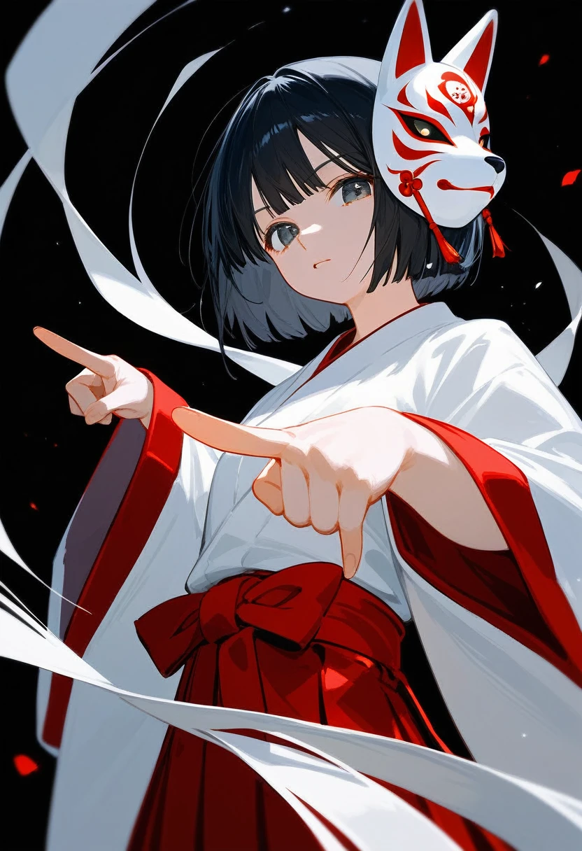 (score_9, score_8_up, score_7_up), absurdres, best quality, official art, masterpiece, very aesthetic, aesthetic, attention to detail, by erere, 1girl, short hair, reverse bob cut, black hair, miko, fox mask, mask on, Japanese clothes, kimono, white kosode, white kimono, red hakama skirt, sleeves past wrists, upper body, black background, simple background, white background, pointing at viewer