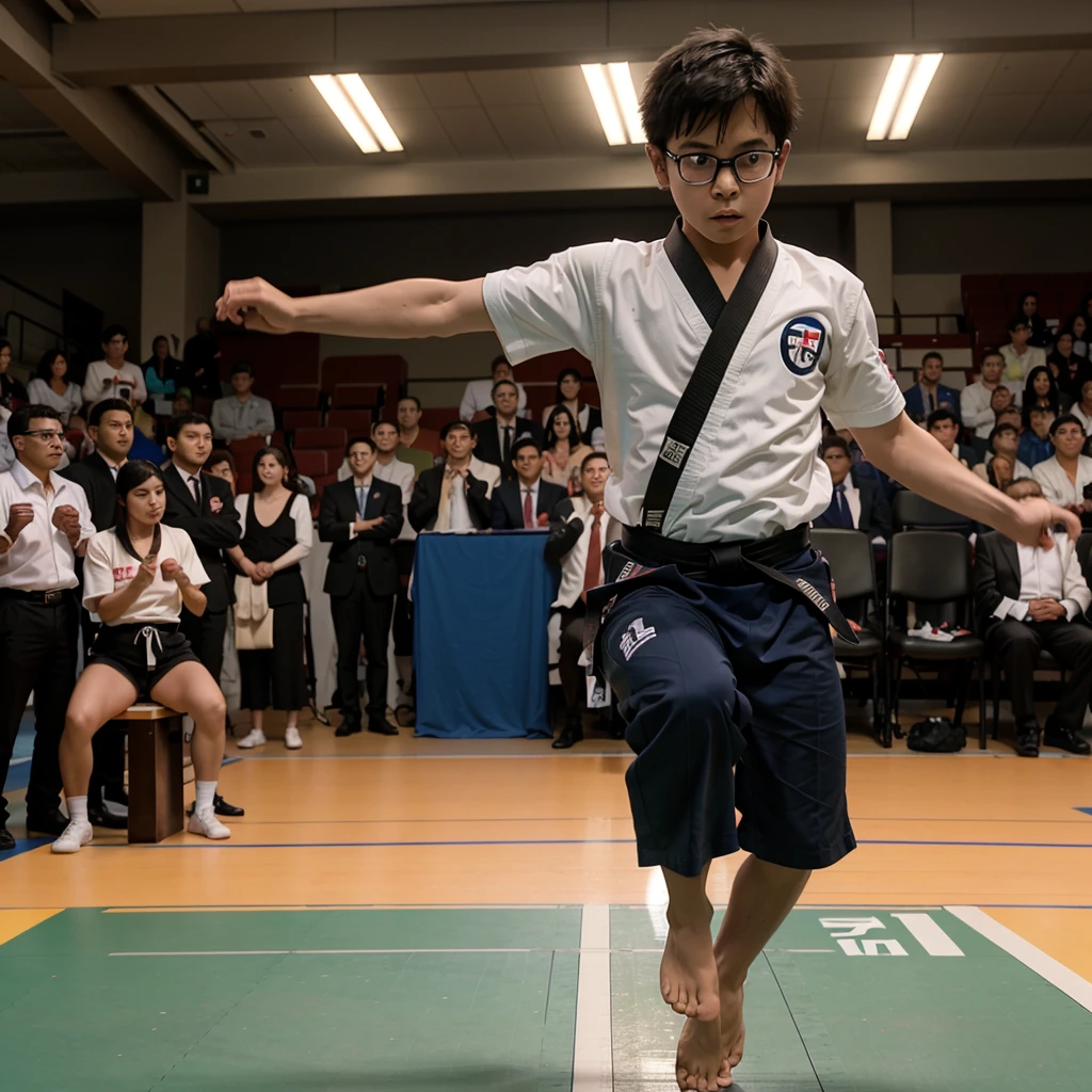 anime  alone wears glasses and has short hair He is a black belt taekwondo athlete, jumping and kicking. The picture is fully visible. There were spectators around and applauding. 