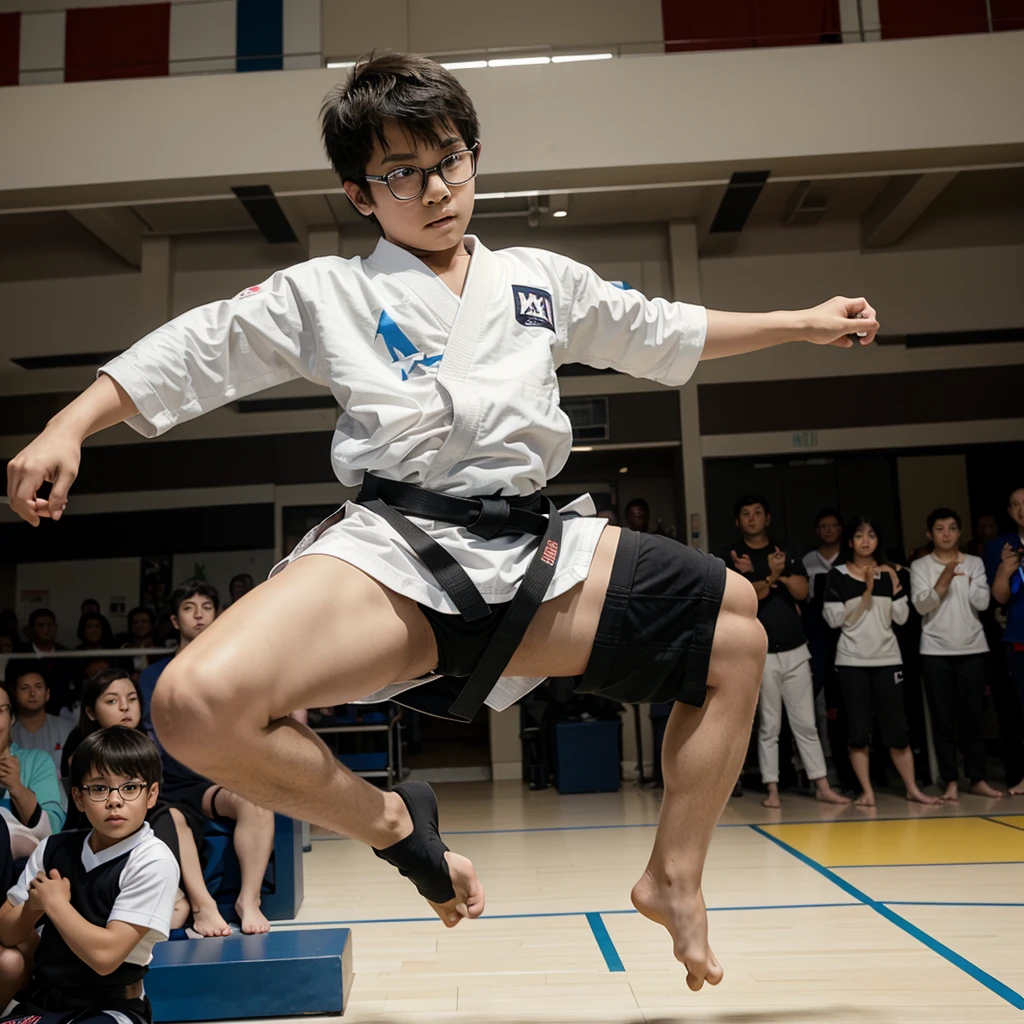 anime alone wears glasses and has short hair He is a black belt taekwondo athlete, jumping and kicking. The picture is fully visible. There were spectators around and applauding.