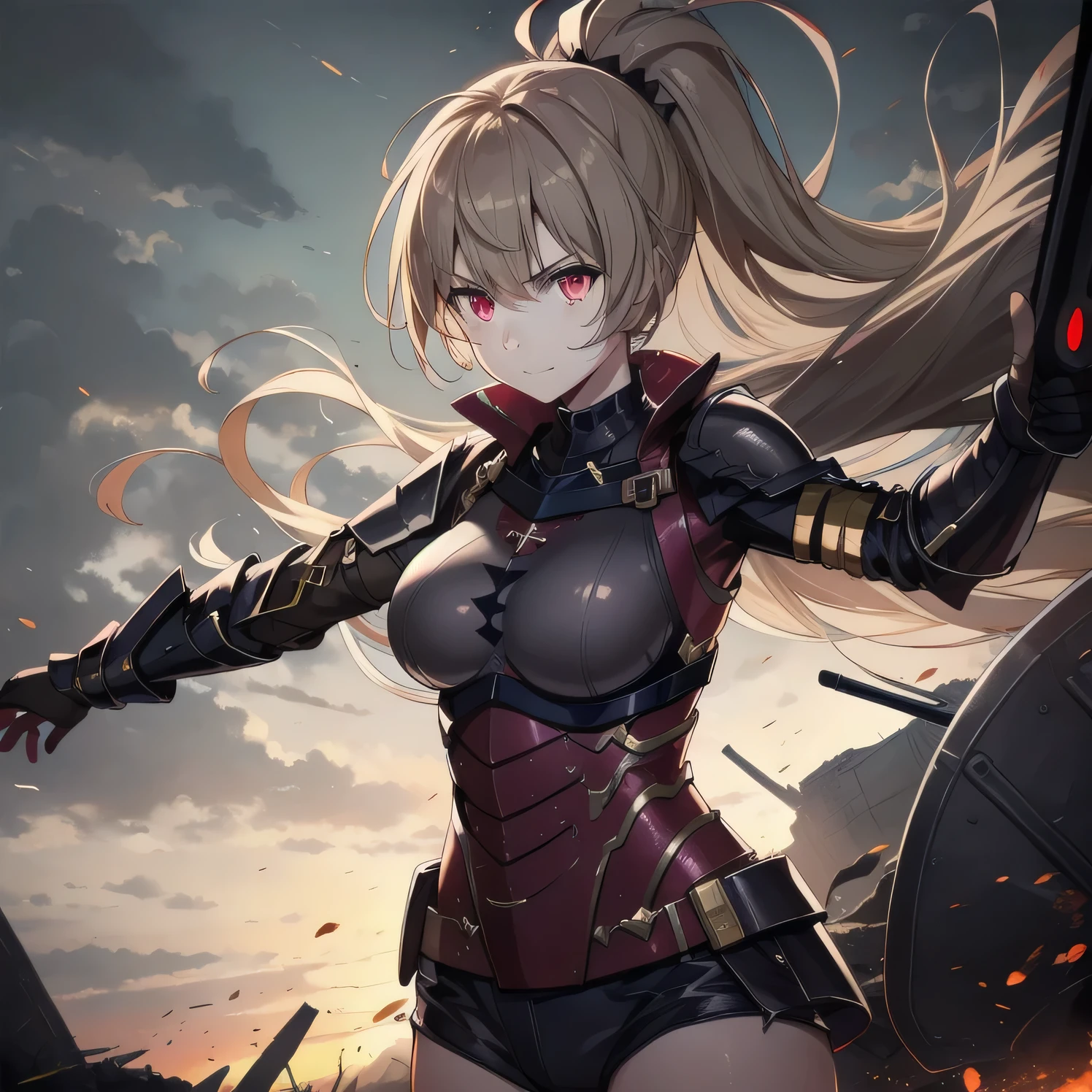 1girl,big breasts,standing in ruined city,(8k),scratches,detailed face,light brown hair,red eyes,long hair,embarassed,small smile face,high_res, high_definition,the battlefield,Heroic pose,dark sexy armor suit,ponytail,holding a divine sword