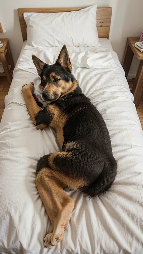 cute German shepherd puppy sleeping with white little kitten 