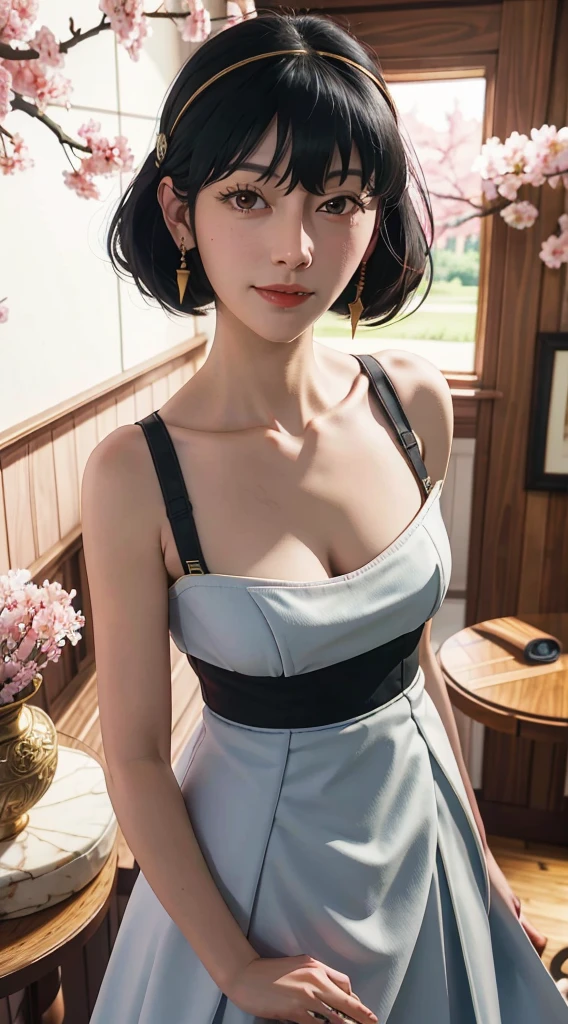yor, Mature female, bangs, side locks, Red eyes, Black hair, hair adornments,sportrait, (face:1.2), schoolgirls, ssmile,bare shoulders, Black hair, cherry blossom, cleavage, (gown:1.21), clavicle, Willow Branch, (masterpiece best quality :1.2),