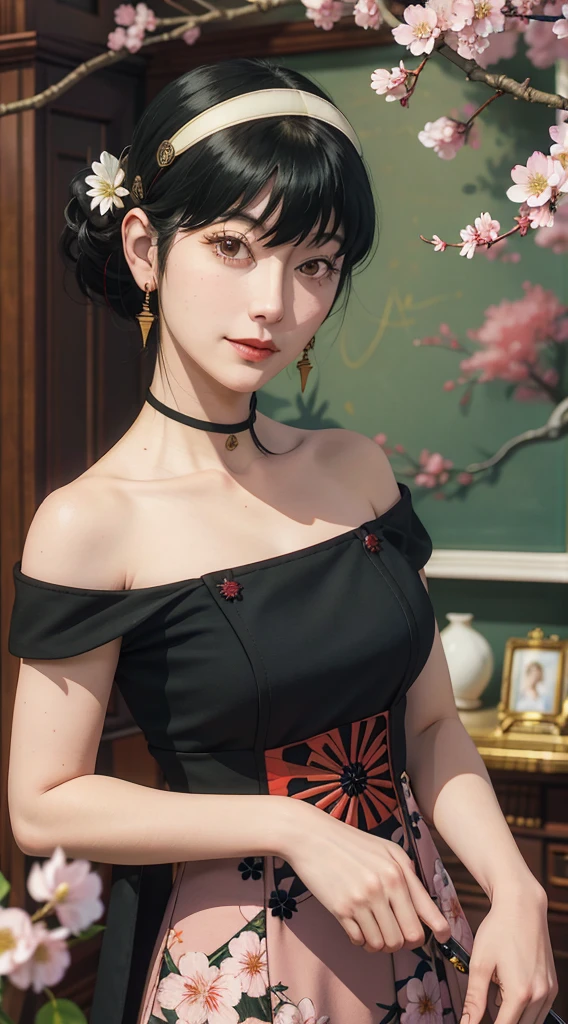 yor, Mature female,  bangs, side locks, Red eyes, Black hair, hair adornments，sportrait, (face:1.2), girls, ssmile,bare shoulders​, Black hair, cherry blossom, cleavage, (gown:1.21), clavicle, Willow Branch, (masterpiece best quality :1.2),