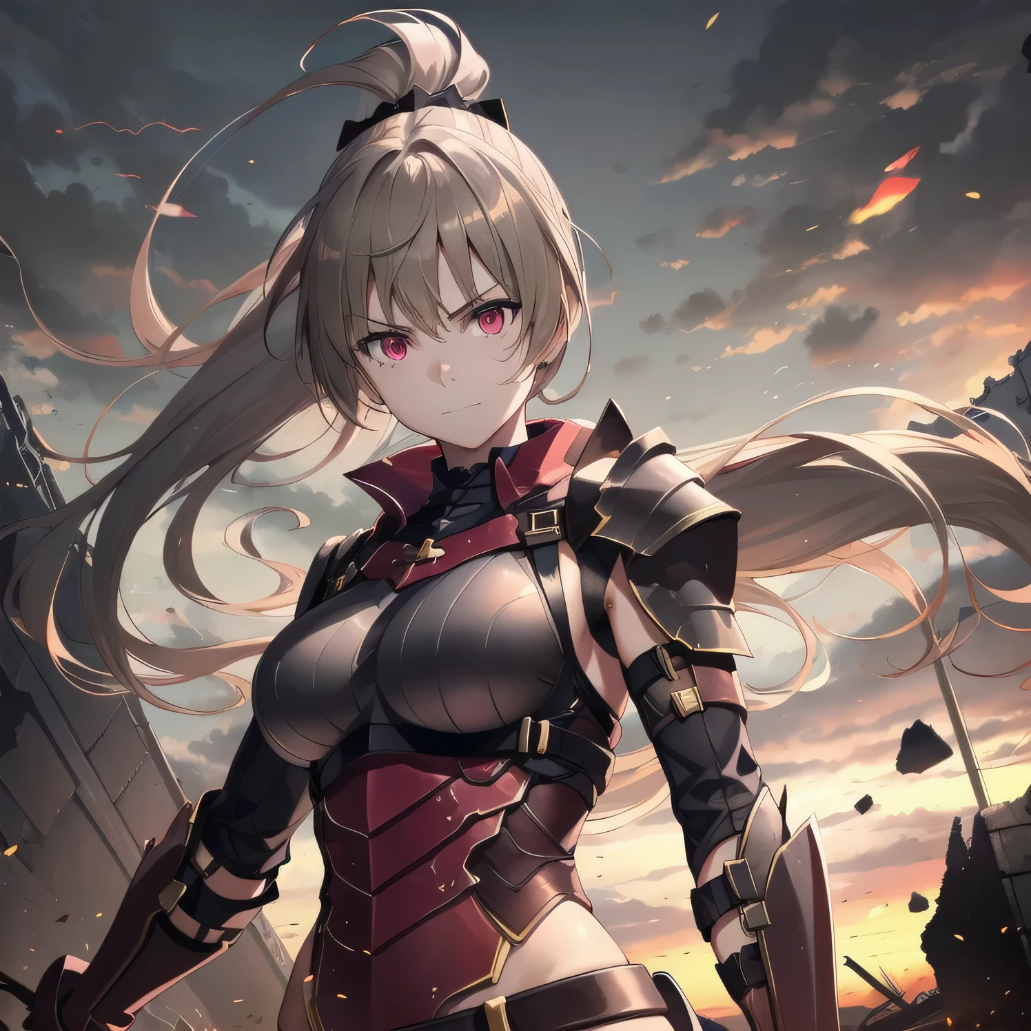 1girl,big breasts,standing in ruined city,(8k),scratches,detailed face,light brown hair,red eyes,long hair,embarassed,small smile face,high_res, high_definition,the battlefield,Heroic pose,dark sexy armor suit,ponytail,holding a divine sword