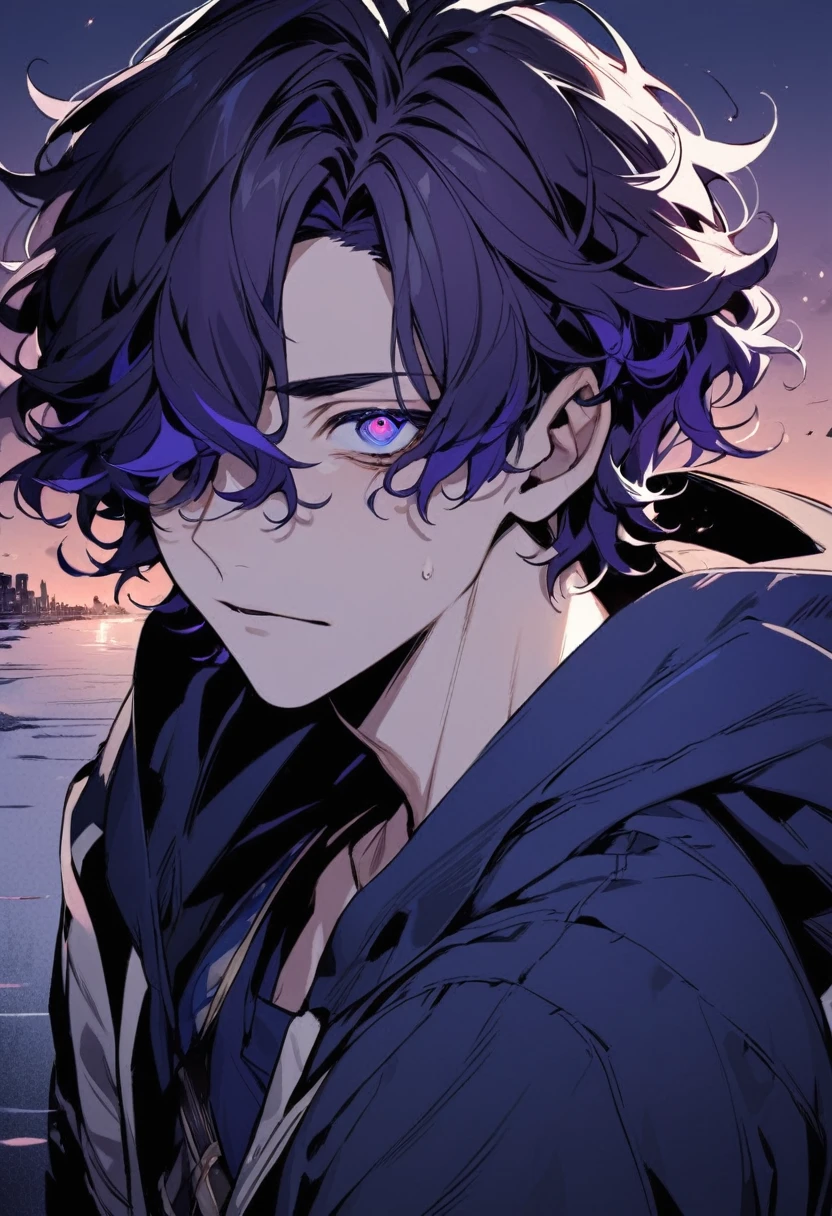 (high-quality, breathtaking),(expressive eyes, perfect face) 1male, male , solo, teenager, short hair length, wavy curly hair, messy hair, Dark de-saturated purple hair, very dark color, curly hair, super short, Silver eye color, mature, haunting twilight background, slightly narrow eyes, hooded jacket, dark purple blue shirt, Fantasy attire, Hair that almost covers eyes, Neutral expression