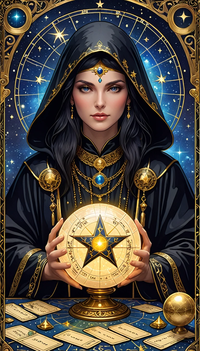 A Ornate Tarot Card, a robed astrologer sat quietly at a table full of symbols and holding a crystal star-chart-ball, with a text at the bottom of the card, close on face, tarot card, extremely high quality for texture, front and two sides, it's full of mystical magic, the front and two sides are on the card, the overall color is dark black and shiny gold, reflecting and shiny gold, ultra detailed face, ultra detailed clothes texture, ultra details,