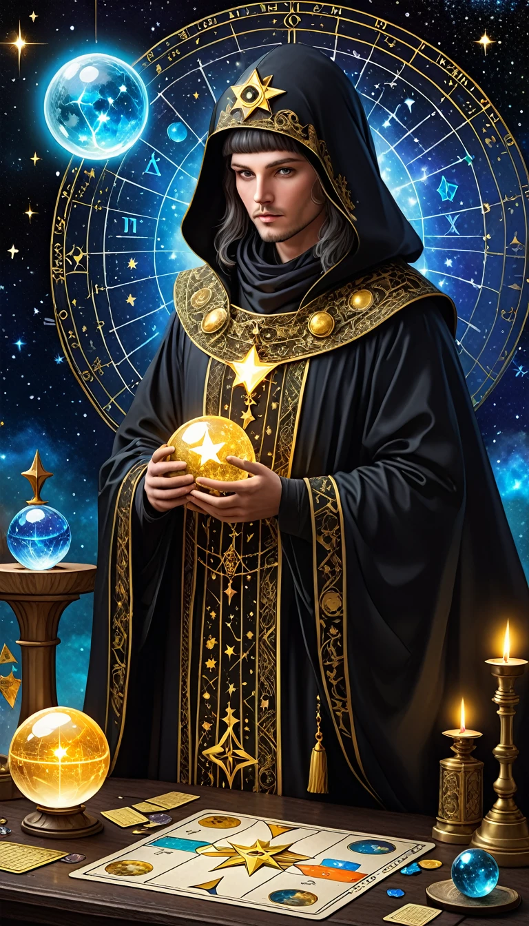 A Ornate Tarot Card, a robed astrologer sat quietly at a table full of symbols and holding a crystal star-chart-ball, with a text at the bottom of the card, close on face, tarot card, extremely high quality for texture, front and two sides, it's full of mystical magic, the front and two sides are on the card, the overall color is dark black and shiny gold, reflecting and shiny gold, ultra detailed face, ultra detailed clothes texture, ultra details,
