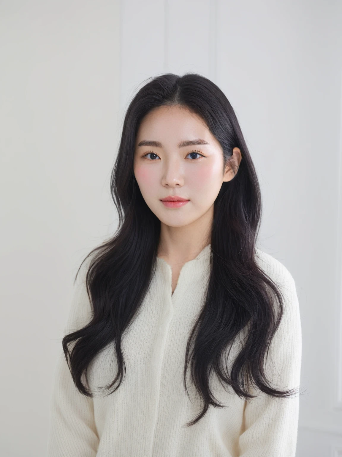 Best Quality, 8k, Masterpiece, (Portrait: 1.3), (photo realistic:1.4), (hyper realistic:1.4), Sharp Focus, looking at viewer, (smoother lighting:1.1), (increase cinematic lighting quality:0.9), realistic lighting, backlighting, light on face, ray trace, (brightening light:1.2), (Increase quality:1.4), sharp detail, (best quality real texture skin:1.4), finely detailed eyes, black_eyes, finely detailed face, 25 year old Korean woman,applying makeup