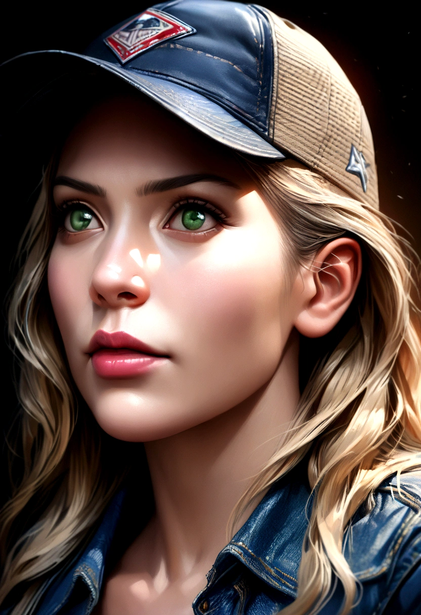 a princess, blue jean dress, trucker details, baseball cap, angry expression, blonde hair, green eyes, extremely detailed face and portrait, beautiful detailed eyes, beautiful detailed lips, 1 girl, digital art, highly detailed, photorealistic, sharp focus, studio lighting, vivid colors, masterpiece, (best quality,4k,8k,highres,masterpiece:1.2),ultra-detailed,(realistic,photorealistic,photo-realistic:1.37)