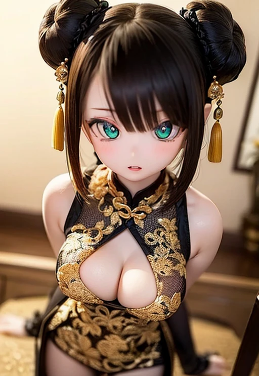 (SFW:2), photorealistic, realistic photo, 8k, ((highest quality)), ((masterpiece)), (extremely detailed), kukolnydom, doll, (mature woman:1.6), solo, ((cowboy shot, parted lips, green eyes, brown hair)), double buns, (plastic skin, looking at another, glass eyes, gradient eyes, shining eyes, detailed eyes, detailed face:1.3), china dress, qipao, chinese room