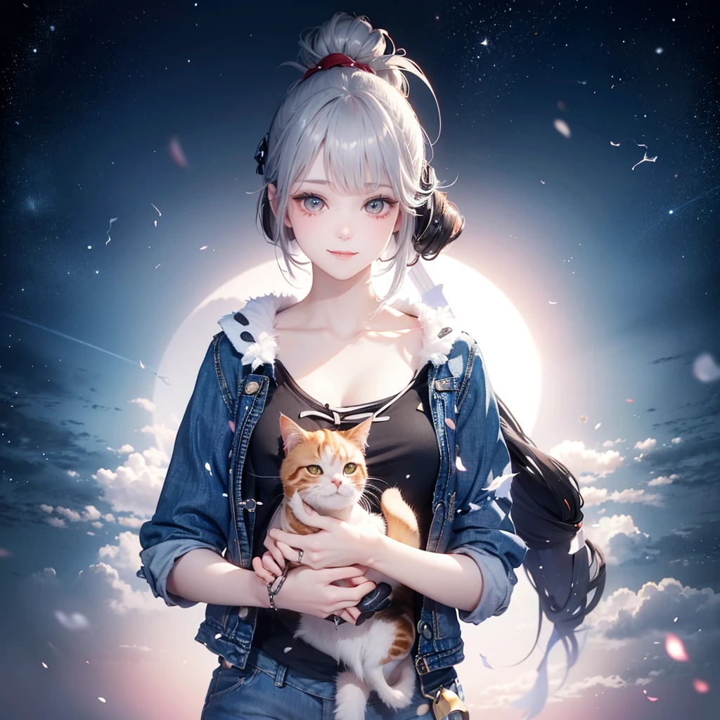 (((Holding a cute orange fat cat with super short legs in both hands,Correct anatomy))),((Highest quality,masterpiece,一位Mature美女,Super thin air parted bangs,Light blue denim gray hooded jacket,Blue gray high ponytail super long straight hair,Double sideburn curly hair,Hair ends curled in,Gray powder clothes,Exposed clavicle,Show all ears)),((Mature,Smile slightly,Look at the camera head-on)),starry sky galaxy background,Matte denim texture