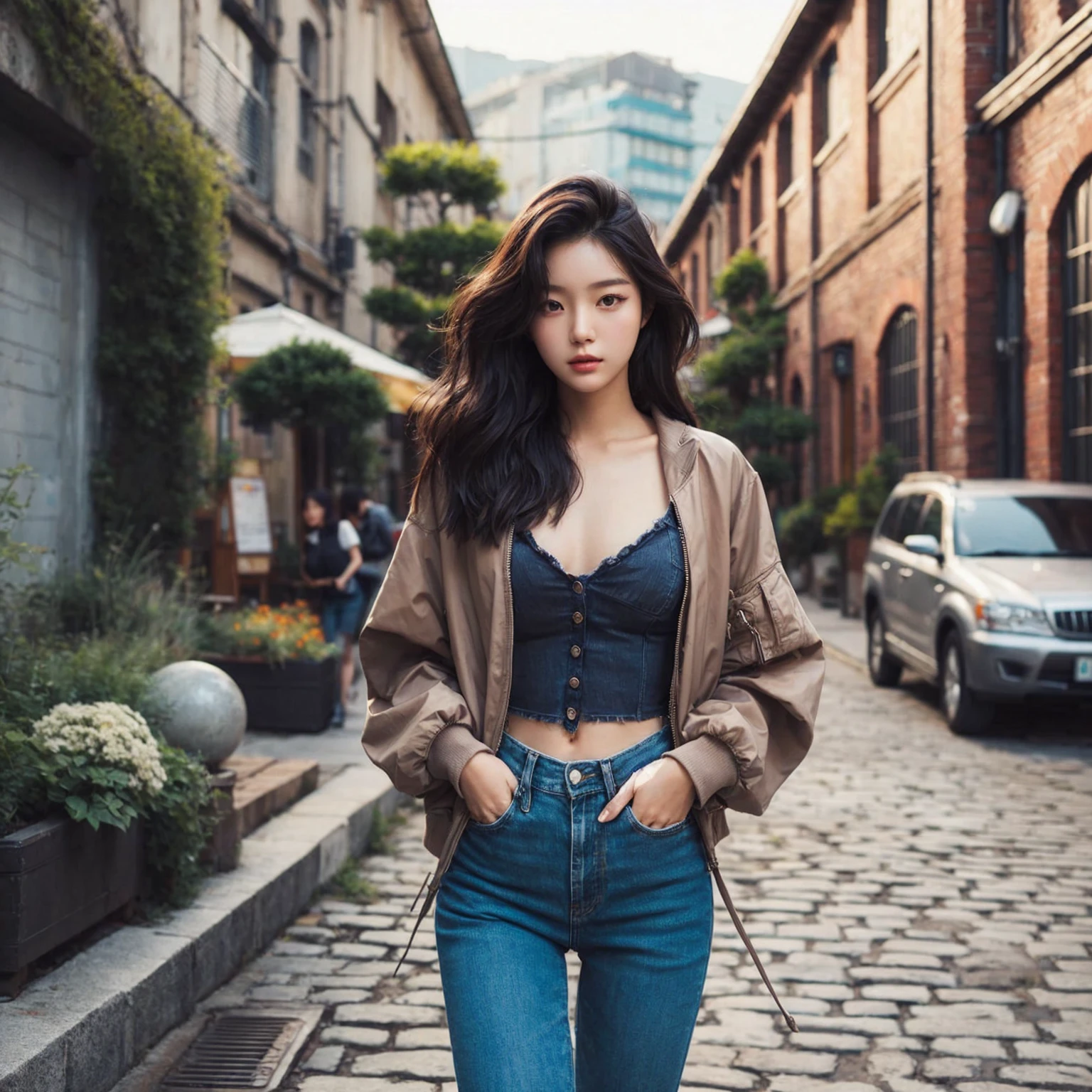 Beautiful young Korean female walking confidently down a cobblestone street in casual, stylish outfits with jackets, shirts, and jeans, medium chest. The backdrop is a vintage urban setting with buildings and greenery, blending modern style with a cool urban vibe.