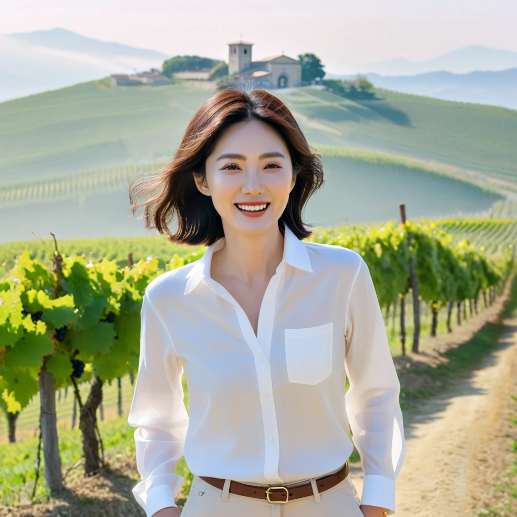 8k best picture quality, Beautiful 36-year-old Korean woman, My skin is good and my eyes are clear and pretty... clear and nice weather. Chest size 34 inches, italian countryside, past the vineyard, A cathedral can be seen in the fog in the distance.., The back background is realistic and vivid quality., Short and medium hair blowing in the wind, Wearing a classy luxury white casual shirt. casual jeans, laugh. the background is clear, Short and slim Korean woman, stand far away, Photo taken with a wide-angle lens, 1 womanlight beige pants