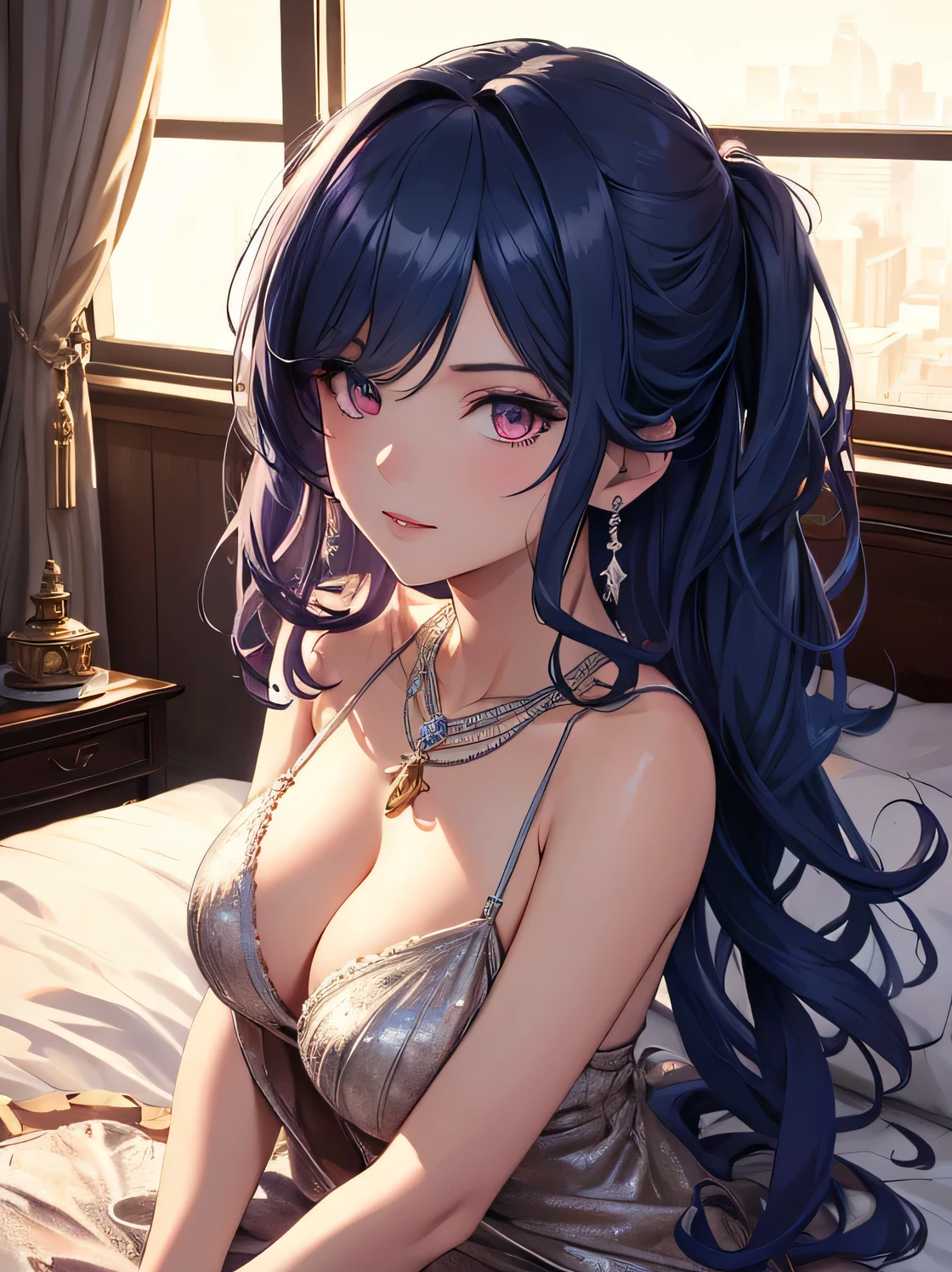 ((masterpiece, best quality)),
St. Louis \(luxury wheels\) \(Azur Lane\), Highres, highest quality, illustration, cinematic light, ultra detailed, detailed face, (detailed eyes), best quality, hyper detailed, masterpiece, (detailed face), large breasts, hair ornament, earrings, necklace, portrait, pink underwear, revealing clothes, higher details, luminous eyes, (bedroom: 1.2), sitting on the bed, sitting, bed, window, night sky, backlighting, light rays, (high contrast), (colored),