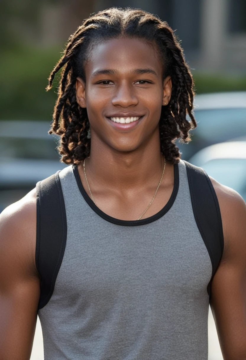 16 year old age boy, very dark black skin, brown brown eyes, rectangular face, shoulder-length curly medium black hair with stylish nagô braids, thick lips, double chin, defined jaw, convinced smile, stylish, appealing, Masculine Energy, sensuous, extremely pretty, young boy, Adam's apple prominent on the neck, leather bomber jacket with metal details, button-down shirt under the jacket, Sweatpants, wearing sports shoes, combining neutral tones with vibrant colors, silver rings with geometric notches inspired by African culture, chain necklace with cross pendant, braided leather bracelet, colorful bead bracelets, Erect and confident posture, broad shoulders and a well-defined silhouette, You can notice the definition of your muscles even in loose clothing, in a large garden with a mansion in the background of the image, photographic, aesthetic.