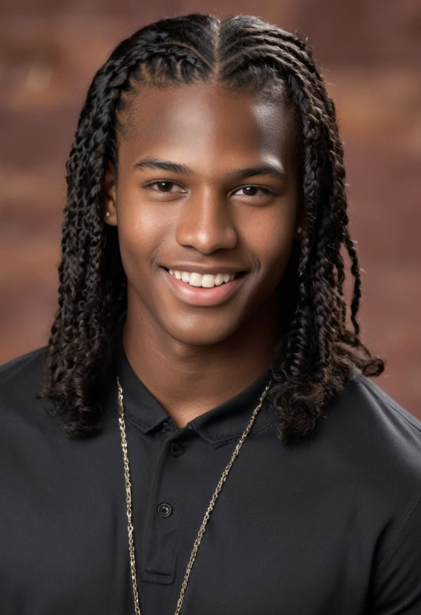 16 year old teenage boy, very dark black skin, brown brown eyes, rectangular face, shoulder-length curly medium black hair with stylish nagô braids, thick lips, double chin, defined jaw, convinced smile, stylish, appealing, Masculine Energy, sensuous, extremely pretty, young boy, Adam&#39;s apple prominent on the neck, leather bomber jacket with metal details, button-down shirt under the jacket, Sweatpants, wearing sports shoes, combining neutral tones with vibrant colors, silver rings with geometric notches inspired by African culture, chain necklace with cross pendant, braided leather bracelet, colorful bead bracelets, Erect and confident posture, broad shoulders and a well-defined silhouette, You can notice the definition of your muscles even in loose clothing, in a large garden with a mansion in the background of the image, photographic, aesthetic.