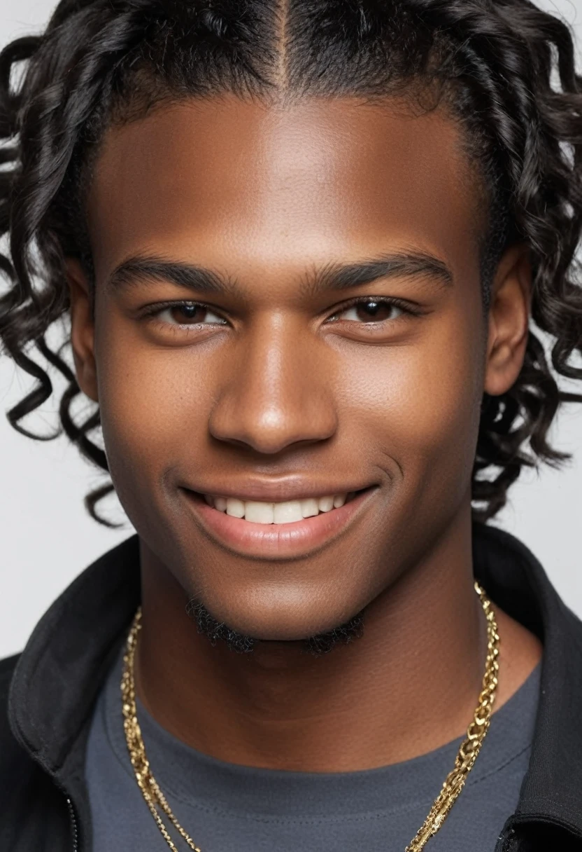 16 year old teenager, defined musculature, extremely dark black skin, brown brown eyes, rectangular face, shoulder-length curly medium black hair with stylish nagô braids, thick lips, double chin, defined jaw, six pack abs, wearing no shirt, convinced smile, stylish, appealing, sensuous, chest hair, young boy, Adam's apple prominent on the neck, , wearing tight short shorts.