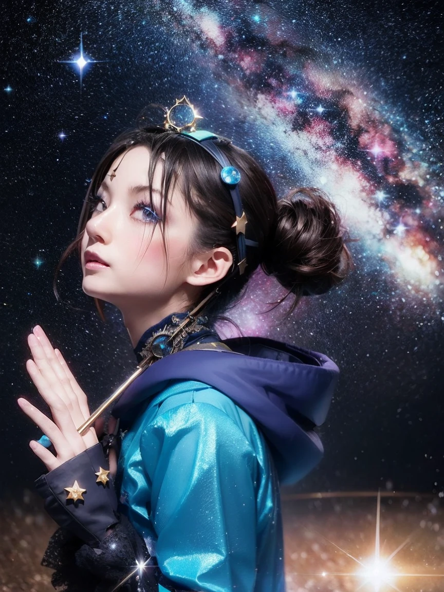 1 Girl, solo, (astrologer), (Circlet),Blue Costume, Cane, magic,
mysterious, Fantasy, grace, Calm, Silence, intellectual, ancient, Beyond time and space, dream, aura,
Dark eyeshadow, Star shaped glitter, Sparkling Highlights, Rich Lip Color, Smokey Eye, mysteriousなアイライナー, 
universe space, shooting star, planet,
astrologerがmagicのCaneを使って星を指し示している,
Sparkling meteor shower, magicの光, Reflecting Galaxy