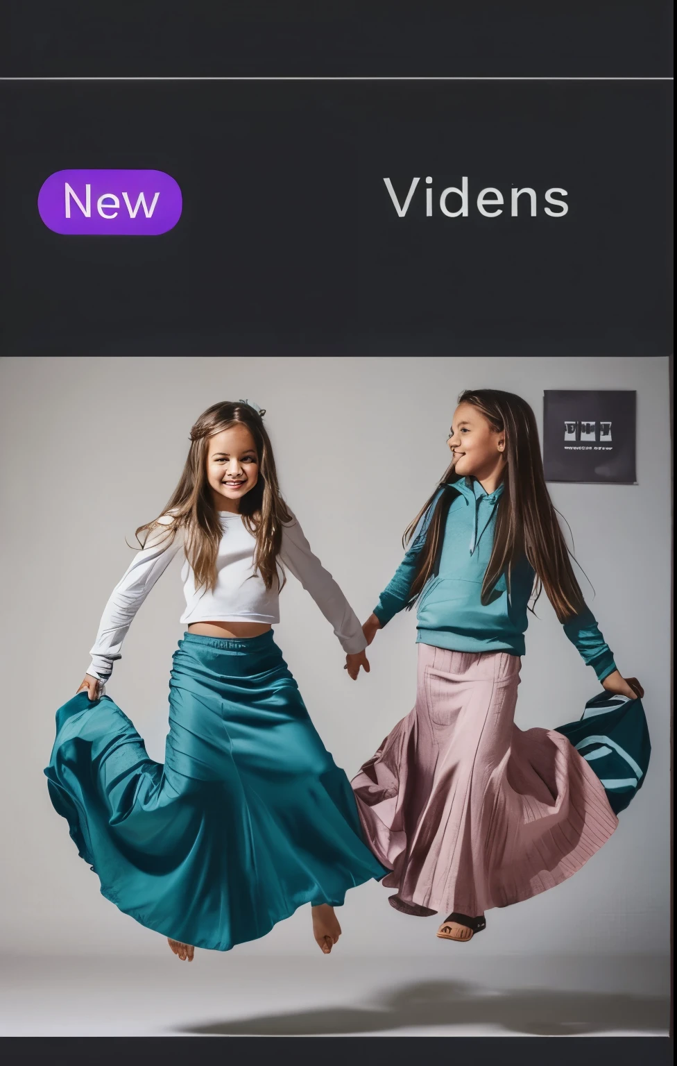 Four 10 year old American girls wearing casual long mermaid maxi skirt covering legs and loose hoodie, jumping