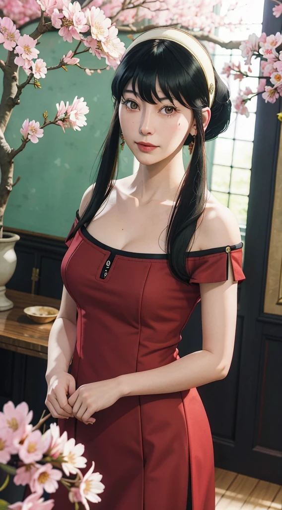 yor, Mature female, bangs, side locks, Red eyes, Black hair, hair adornments,sportrait, (face:1.2), girls, ssmile,bare shoulders, Black hair, cherry blossom, cleavage, (gown:1.21), clavicle, Willow Branch, (masterpiece best quality :1.2),